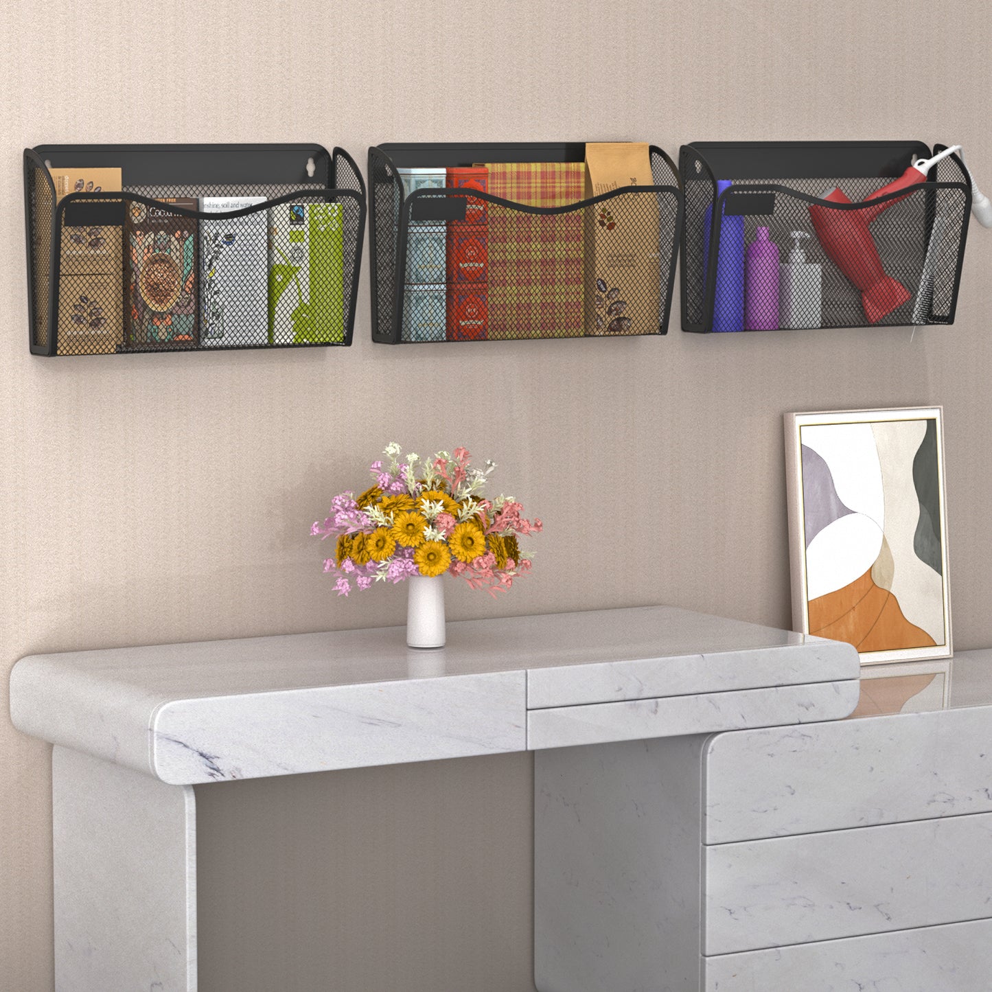 BOHDK Wall File Organizer, Mesh Hanging File Organizer, Home Office Organization and Storage, 6 Single Pockets Document Magazine Rack