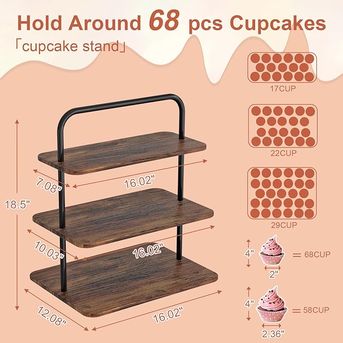 VyGrow Cupcake Stand, 3-Tier Dessert Stand for 68 Cupcakes, Wood & Metal Tower Display Premium Holder Dessert Tree Tower for Wedding Graduation Birthday Christmas Party, Serving Tray
