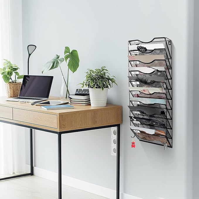 BOHDK Wall File Organizer, 10 Tire Hanging File Folder Mail Organizer, Vertical Mesh Metal Door/Wall Mount Hanging File Holder, Paper Document Magazine Rack with Hooks for Home Office Black