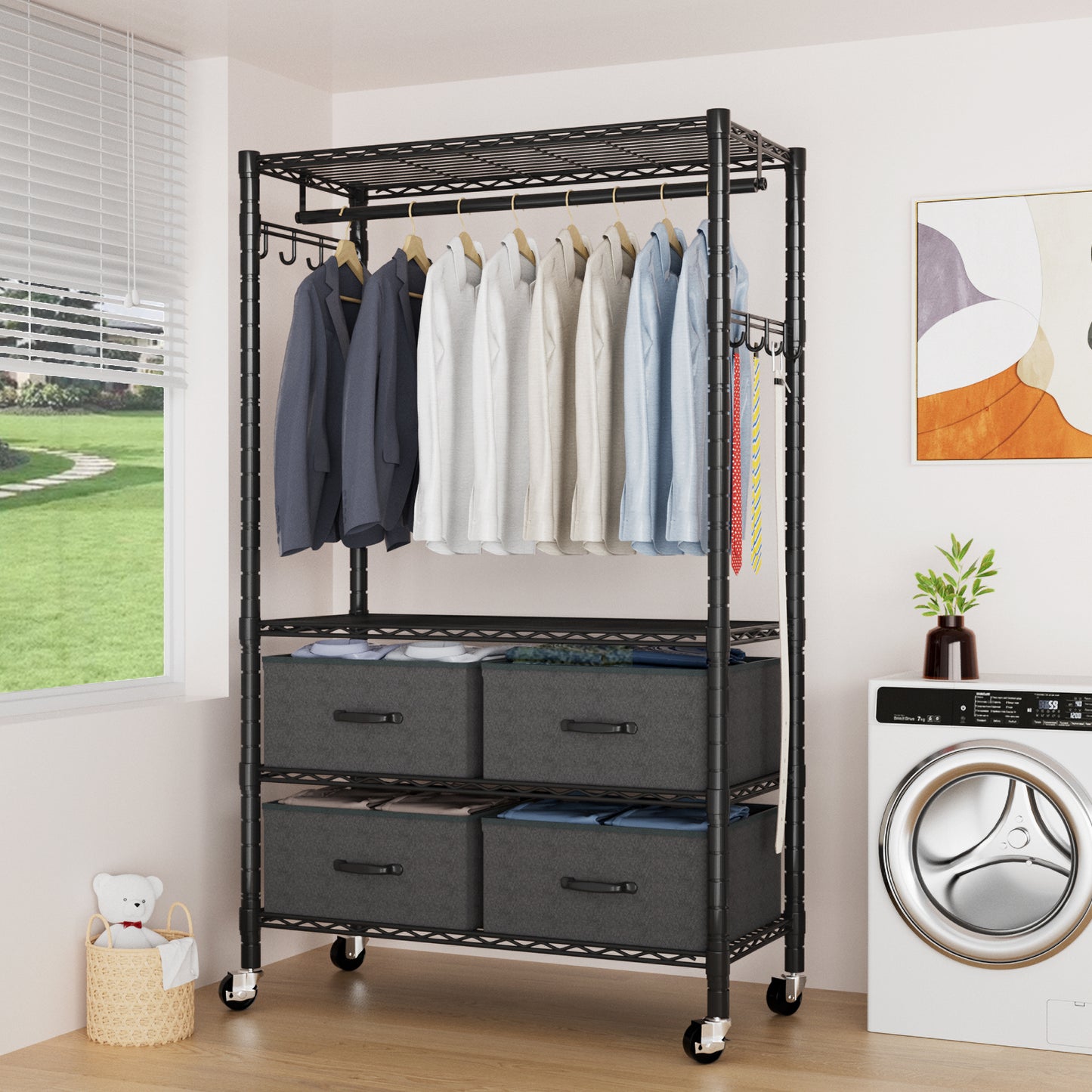 VyGrow Clothes Rack, Heavy Duty Clothing Rack for Hanging Clothes, 4-Tier Adjustable Closet Organizer with 4 Drawers | Hanging Rod | Side Hooks | Load 445lbs | 15.7" D x 35.4" W x 74.1" H