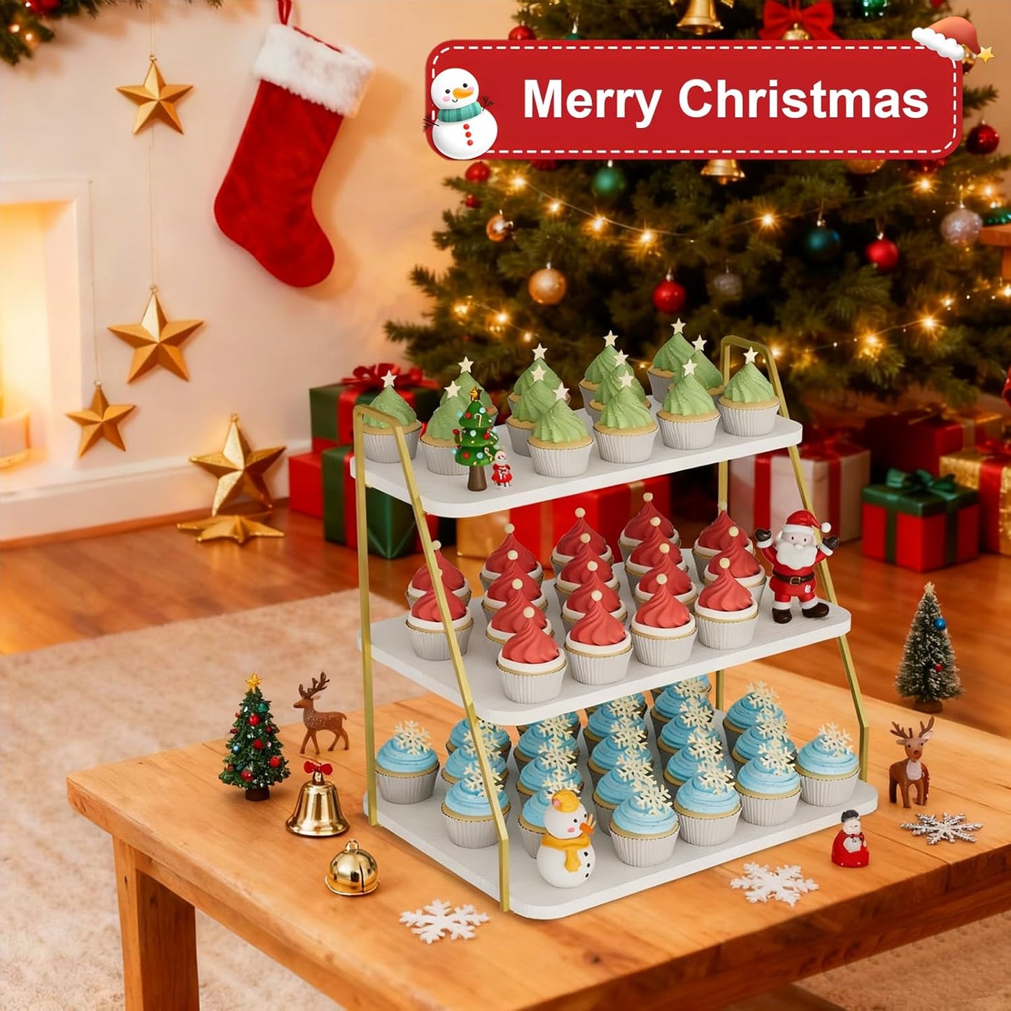 VyGrow Cupcake Stand, 3-Tier Dessert Stand for 55 Cupcakes, Wood & Metal Tower Display Premium Holder Dessert Tree Tower for Christmas Birthday Weddings Party Decor, Serving Tray