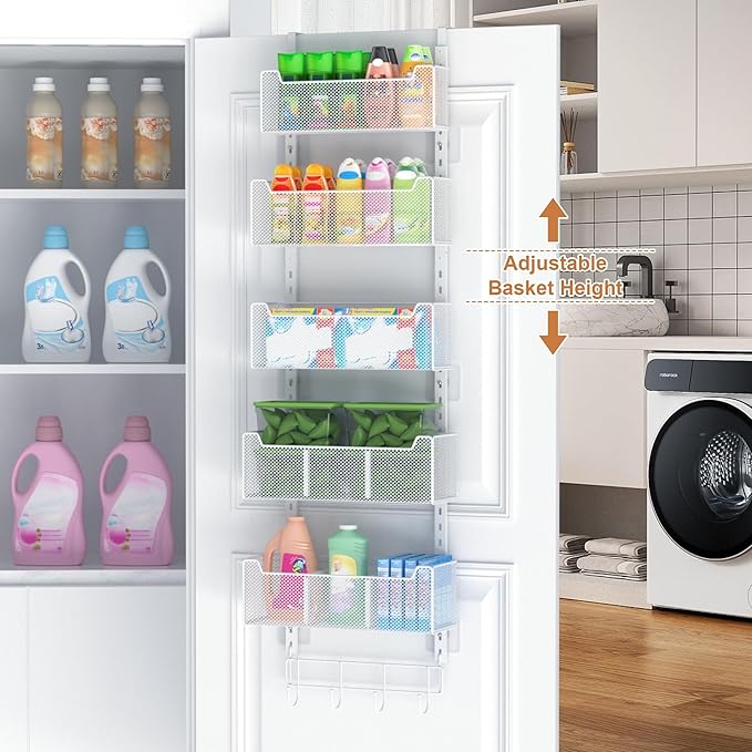 VyGrow Over The Door Organizer, Metal Door Organizer Hanging with 5 Adjustable Baskets and Coat Hook, Behind The Door Storage for Bedroom Closet Bathroom Pantry Cabinet Kitchen, White