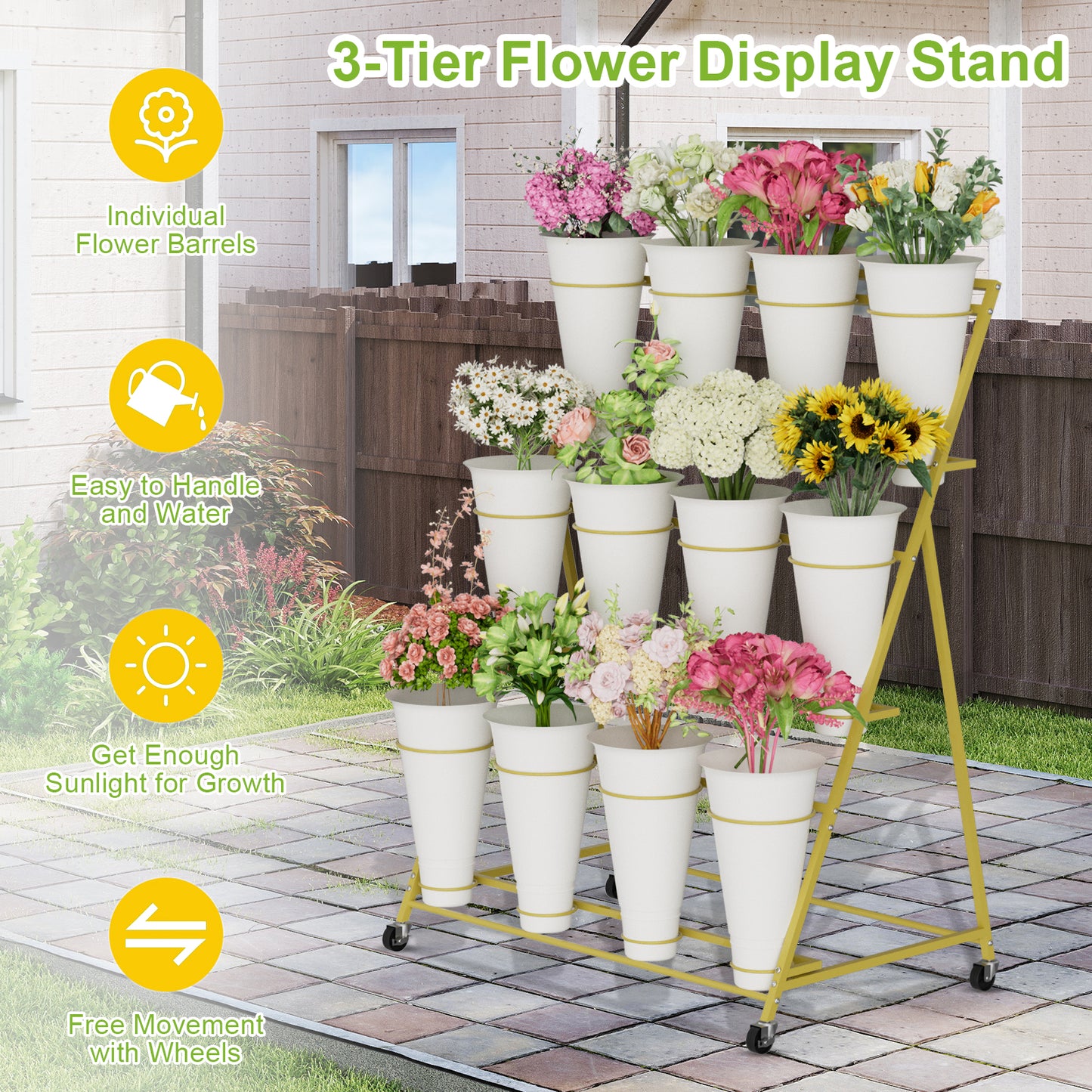 Flower Stand, 3 Tier Flower Display Stand with 12 Buckets, Upgrade Double Circle No Shaking, Outdoor Flower Cart with Wheels for Patio, Garden, Shop, Wedding, Party, Exhibition, Indoor, Gold