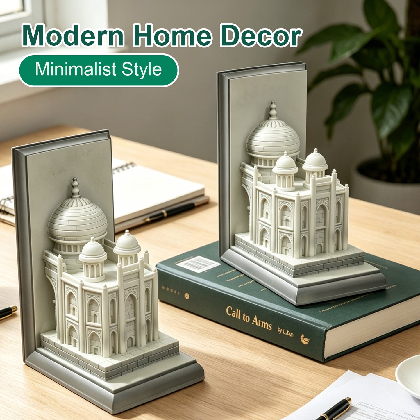 Book Ends for Shelves, Heavy Duty Decorative Bookends, Non-Skid Castle Design Book Holder for Heavy Books/CDs, Modern Aesthetic Resin Shelf Decor, Book Stopper for Home Office, Set of 2, White