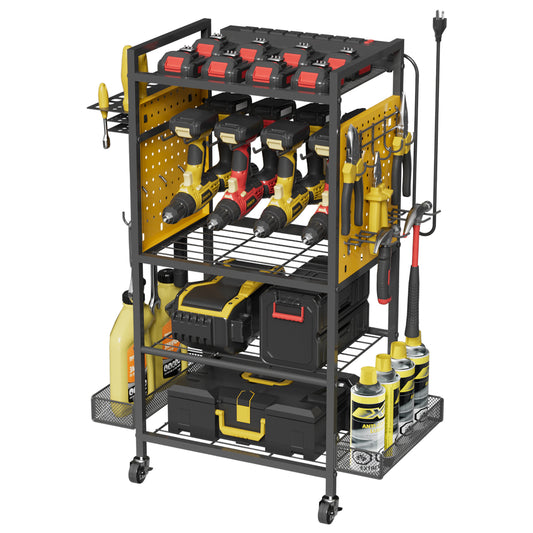 Power Tool Organizer Cart with Charging Station, Heavy Duty Garage Tool Organizer Rolling Tool Battery Storage with 8-Outlet Power Strip, 4 Wheels, 2 Hanging Baskets, Hooks, Drill Bit Holder, Yellow