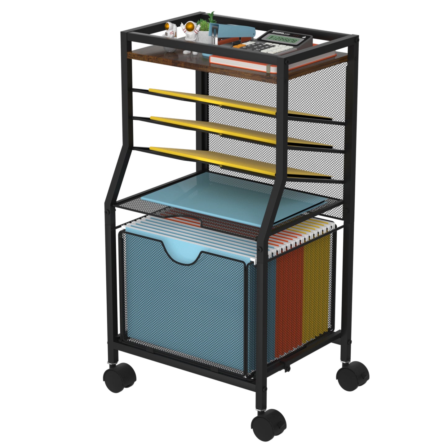 BOHDK Rolling File Cart, 6-Tier Desk File Organizer on Lockable Wheels, Black Wood Planks & Mesh Sliding Hanging Folder Drawer, Organization Cart for Office Home School