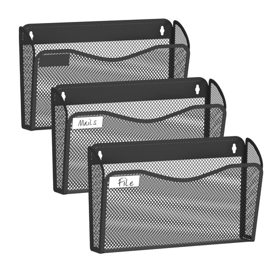 BOHDK Wall File Organizer, Mesh Hanging File Organizer, Home Office Organization and Storage, 3 Single Pockets Document Magazine Rack