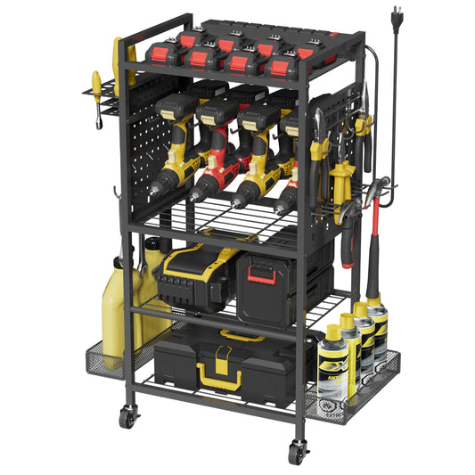 Power Tool Organizer Cart with Charging Station, Heavy Duty Garage Tool Organizer Rolling Tool Battery Storage (Black, 4.9FT Cord)