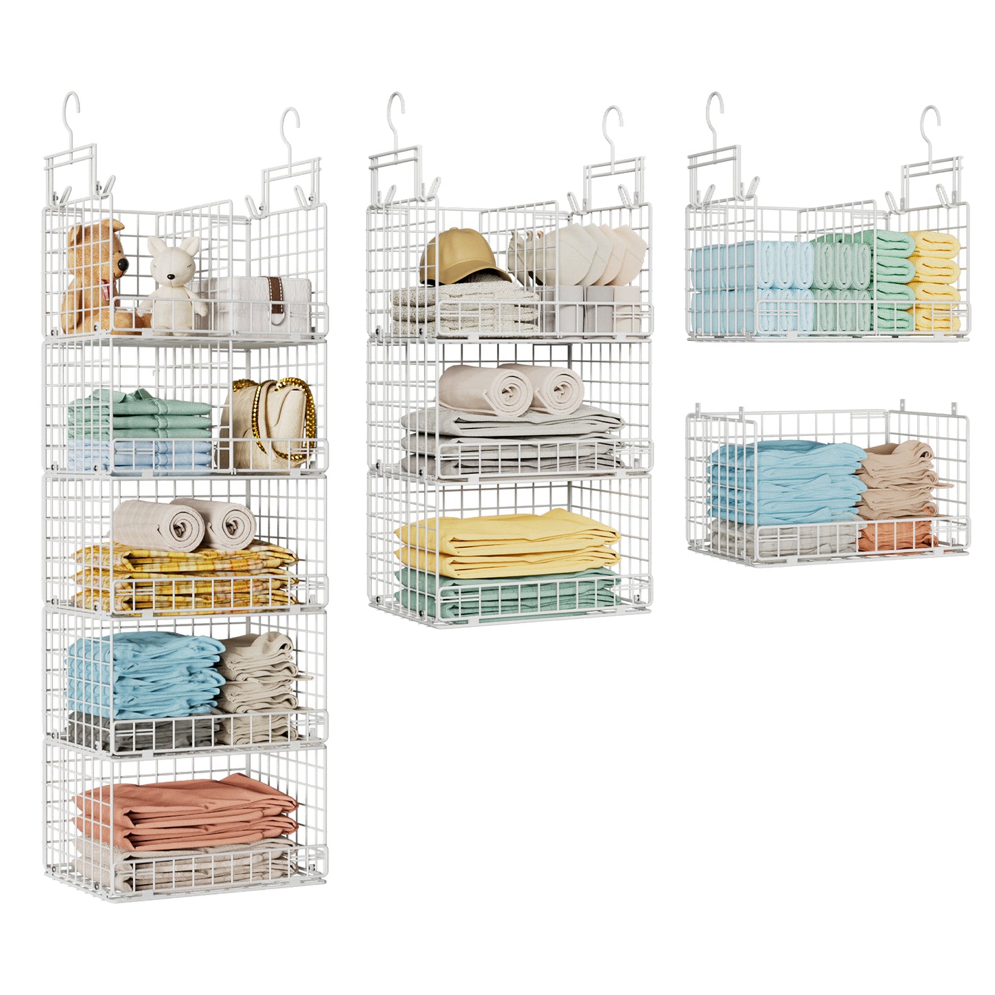VyGrow 5 Tier Hanging Closet Organizer with Adjustable Dividers, Heavy-Duty Storage Shelves for Clothing, Kitchen, Laundry Room, Extra Large Baskets, 15.7" W x 11.8" D x 51" H, White