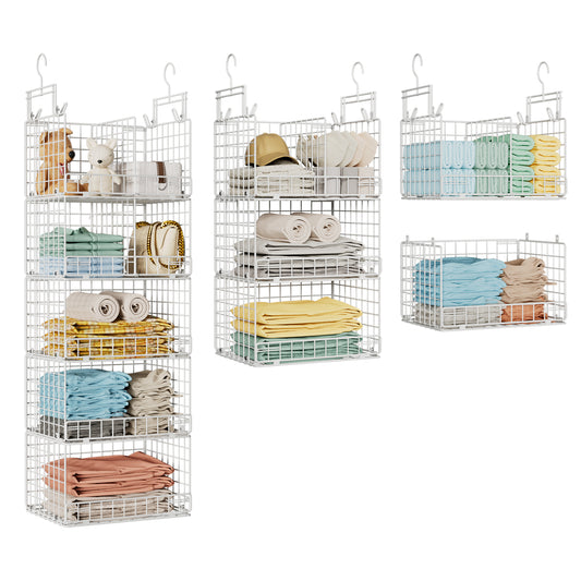 VyGrow 5 Tier Hanging Closet Organizer with Adjustable Dividers, Heavy-Duty Storage Shelves for Clothing, Kitchen, Laundry Room, Extra Large Baskets, 15.7" W x 11.8" D x 51" H, White