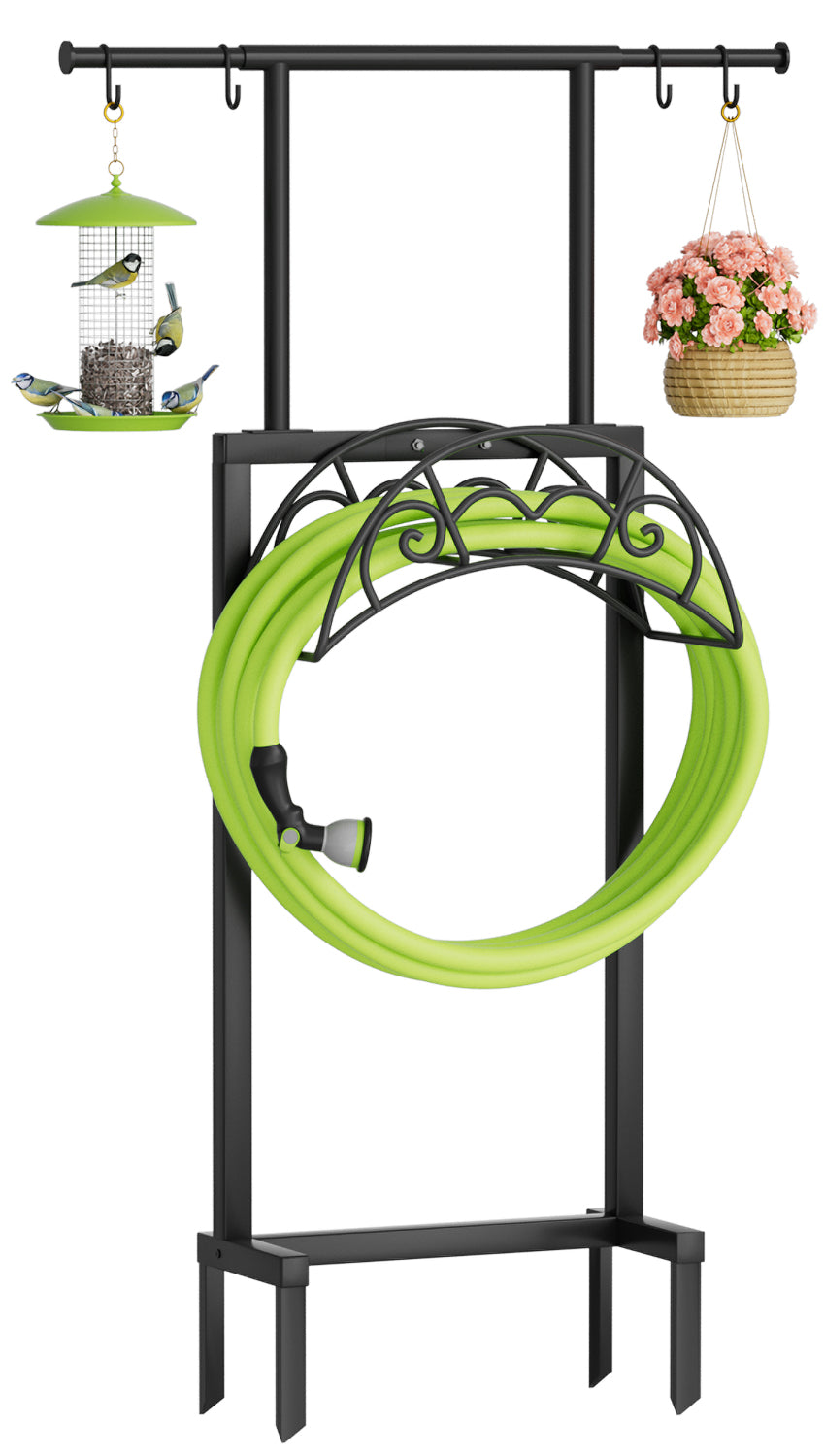Garden Hose Holder with Telescopic Pole, Upgraded Heavy Duty Hose Stand Holds 150ft with 4 Spikes, Freestanding Metal Hose Storage and Hanger for Outside Yard Lawn Farm, Black