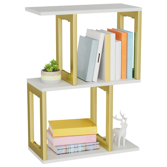 Book Shelf, 3-Tier Small Bookshelf for Desk Organizer Corner Bookshelf Table Top Shelving, White & Gold Decor Aesthetic Desk Hutch for Office Home Dorm