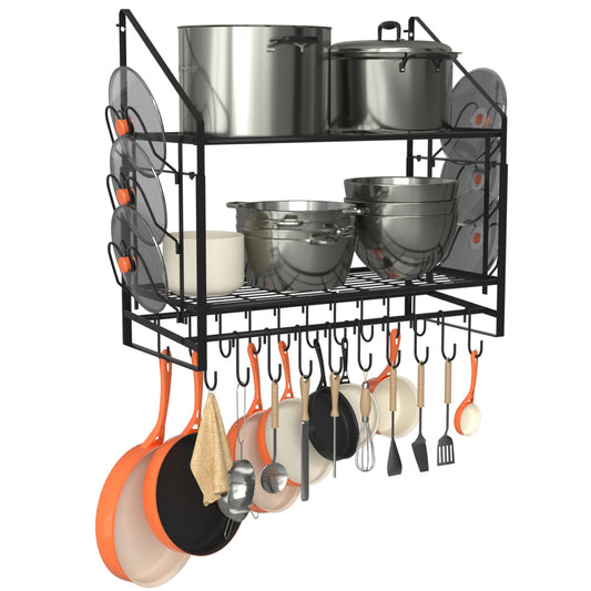 VyGrow 28 Inch Pot Rack Wall Mounted, 2 Tier Pots and Pans Organizer with 20 Hooks and 6 Pot Lid Holders, Heavy Duty Steel Pot and Pan Hanger for Kitchen Cookware Utensils Storage 34.7" Lx13 Wx26.4 H