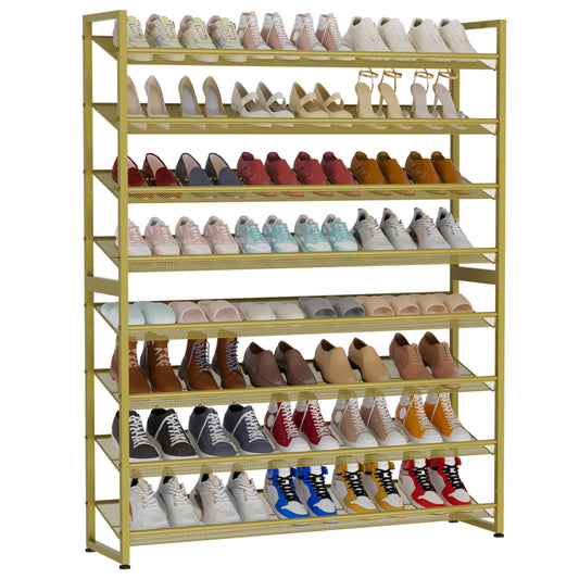 Large Shoe Rack 8 Tier Shoe Organizer, Heavy Duty Metal 4-Tier Stackable Shoe Storage Vertical Shoe Rack for Closet Front Door Entrance, Up to 50 Pairs, 44.8" W x 11.4" D x 56.7" H, Gold