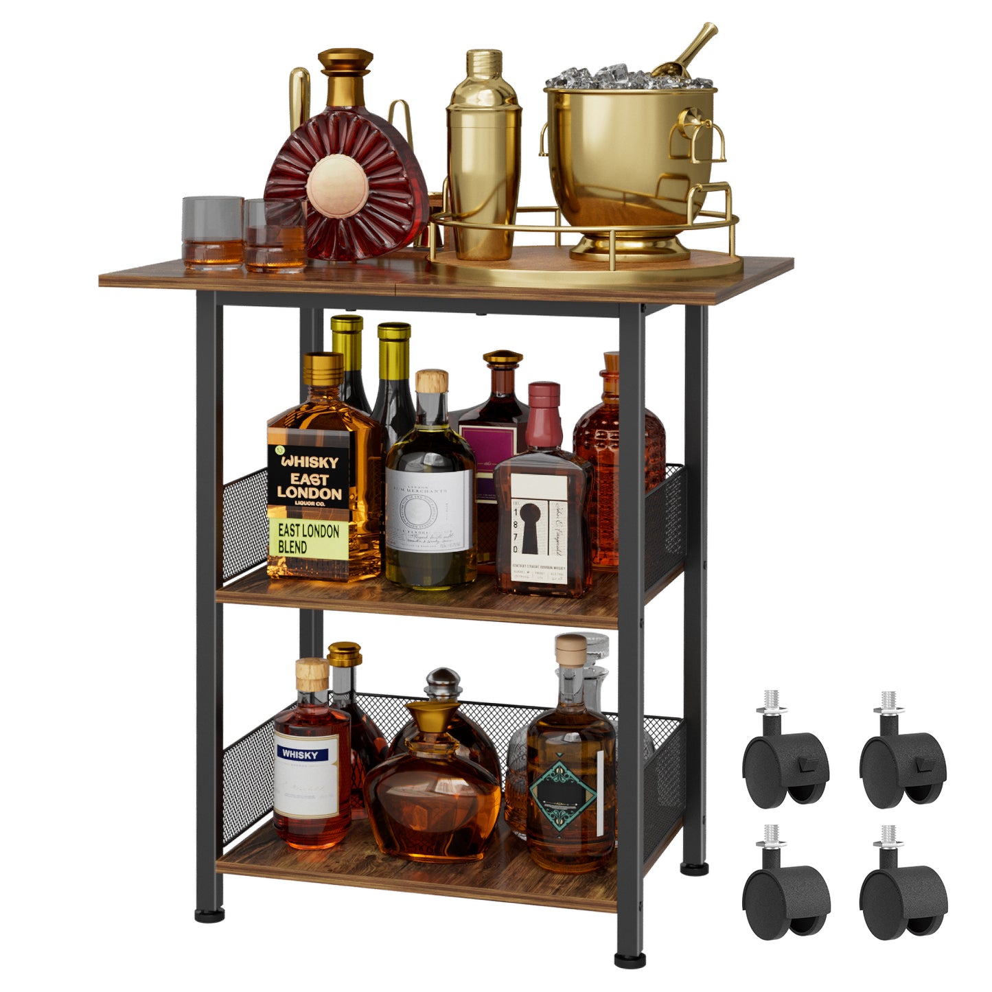 NEYCIL Freestanding Bar for Whiskey, 3-Tier Bar Cabinets Mini Bar Wine Table Whiskey Liquor Bottle Display Stand, Corner Cabinet for Kitchen, Dining Room, Living Room, Black