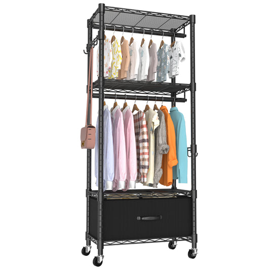 VyGrow Clothes Rack, Clothing Rack for Hanging Clothes, Kids Clothes Rack, 4 Tiers Adjustable Closet Organizer with Drawer | Double Rods | Side Hooks | Load 445lbs | ‎13.18" D x 23" W x 78.74" H
