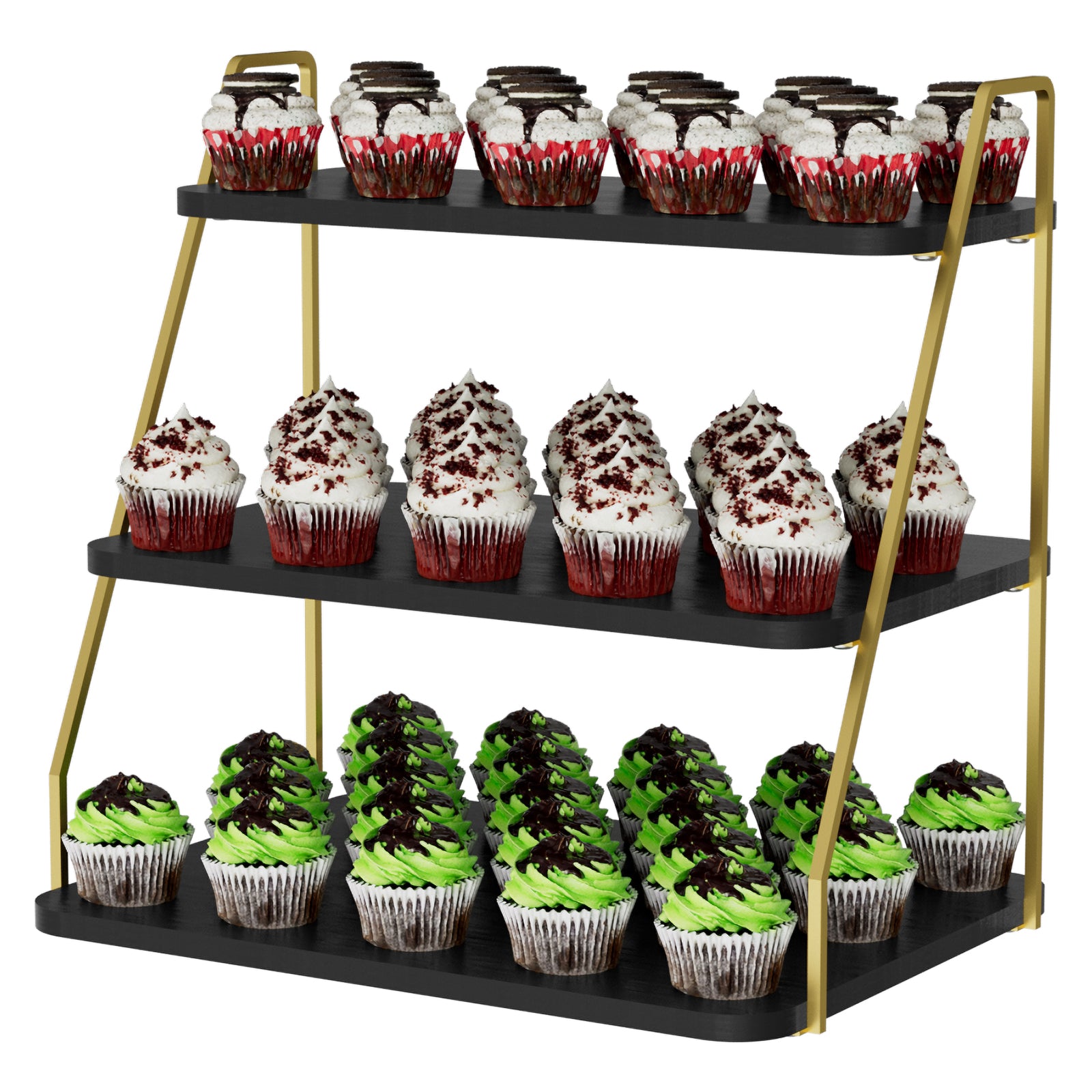 VyGrow Cupcake Stand, 3-Tier Dessert Stand for 55 Cupcakes, Wood & Metal Tower Display Premium Holder Dessert Tree Tower for Christmas Birthday Weddings Party Decor, Serving Tray (Black & Gold)