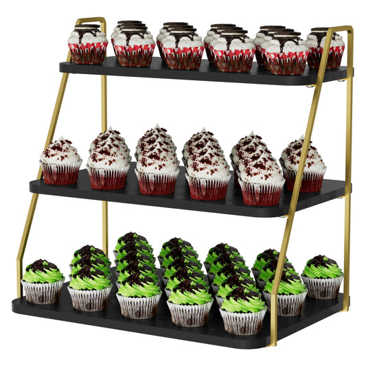 VyGrow Cupcake Stand, 3-Tier Dessert Stand for 55 Cupcakes, Wood & Metal Tower Display Premium Holder Dessert Tree Tower for Christmas Birthday Weddings Party Decor, Serving Tray (Black & Gold)