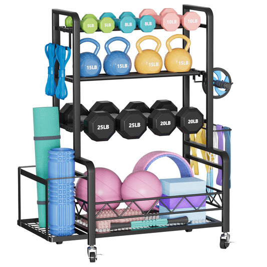 Dumbbell Rack, Adjustable Weight Rack for Home Gym, Metal Weight Stand for Dumbbells, Kettlebells, Yoga Gear, Multipurpose Workout Equipment Storage with 4 Wheels, Basket, Hooks, Black