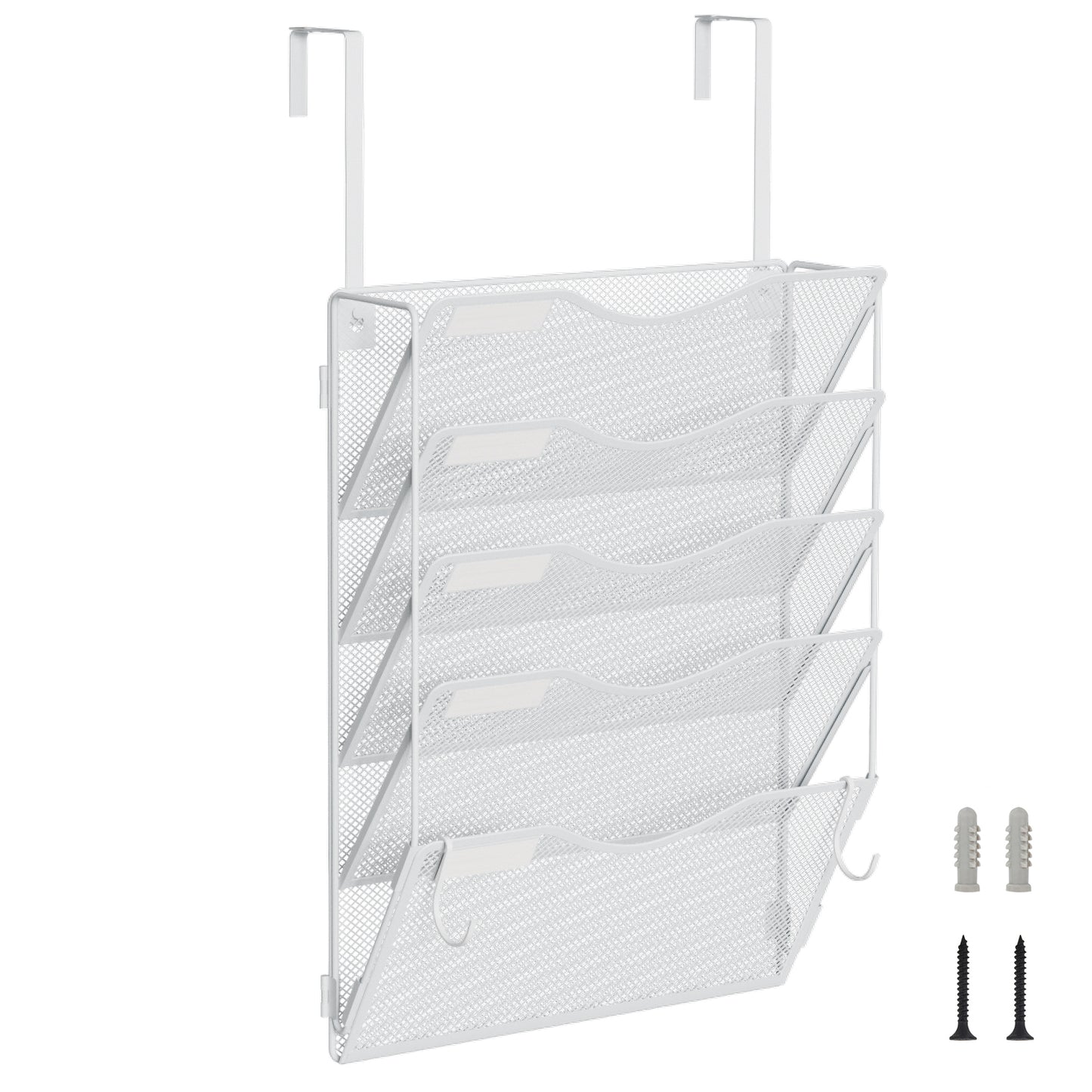Wall File Organizer, Hanging File Folder Organizer, Vertical Mesh Metal Door/Wall Mount Hanging File Holder. Paper Document Magazine Rack with Hooks for Home Office Black (5 Pockets White)