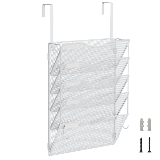 Wall File Organizer, Hanging File Folder Organizer, Vertical Mesh Metal Door/Wall Mount Hanging File Holder. Paper Document Magazine Rack with Hooks for Home Office Black (5 Pockets White)