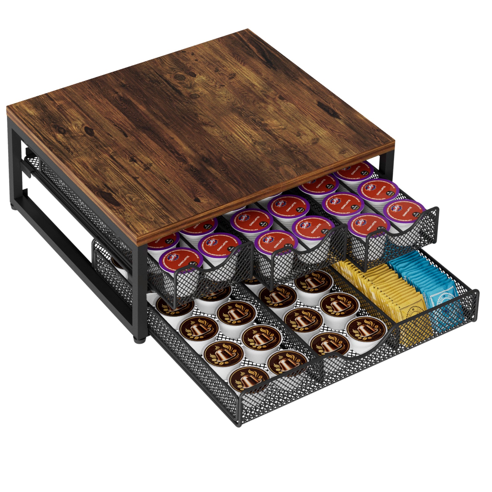Coffee Pod Holder For Counter, 3 Pull-Out 72 K-Cup Holder Drawer, Wooden Cafe Pods Storage Organizer with Sliding Drawers for Coffee Station, Home, Kitchen, Office, Dorm (Antique Finish)