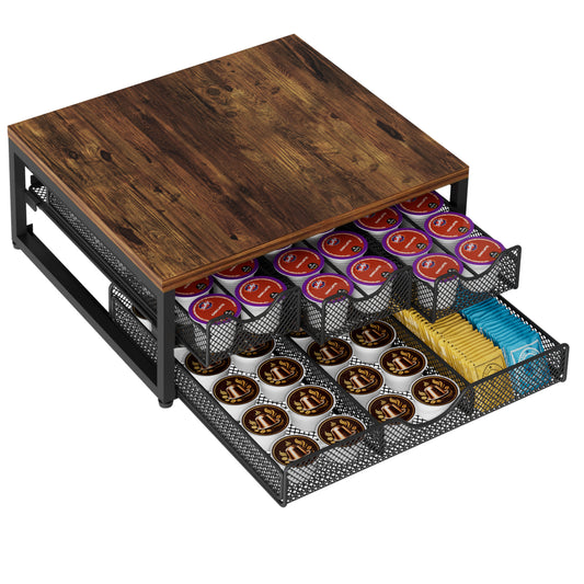 Coffee Pod Holder For Counter, 3 Pull-Out 72 K-Cup Holder Drawer, Wooden Cafe Pods Storage Organizer with Sliding Drawers for Coffee Station, Home, Kitchen, Office, Dorm (Antique Finish)