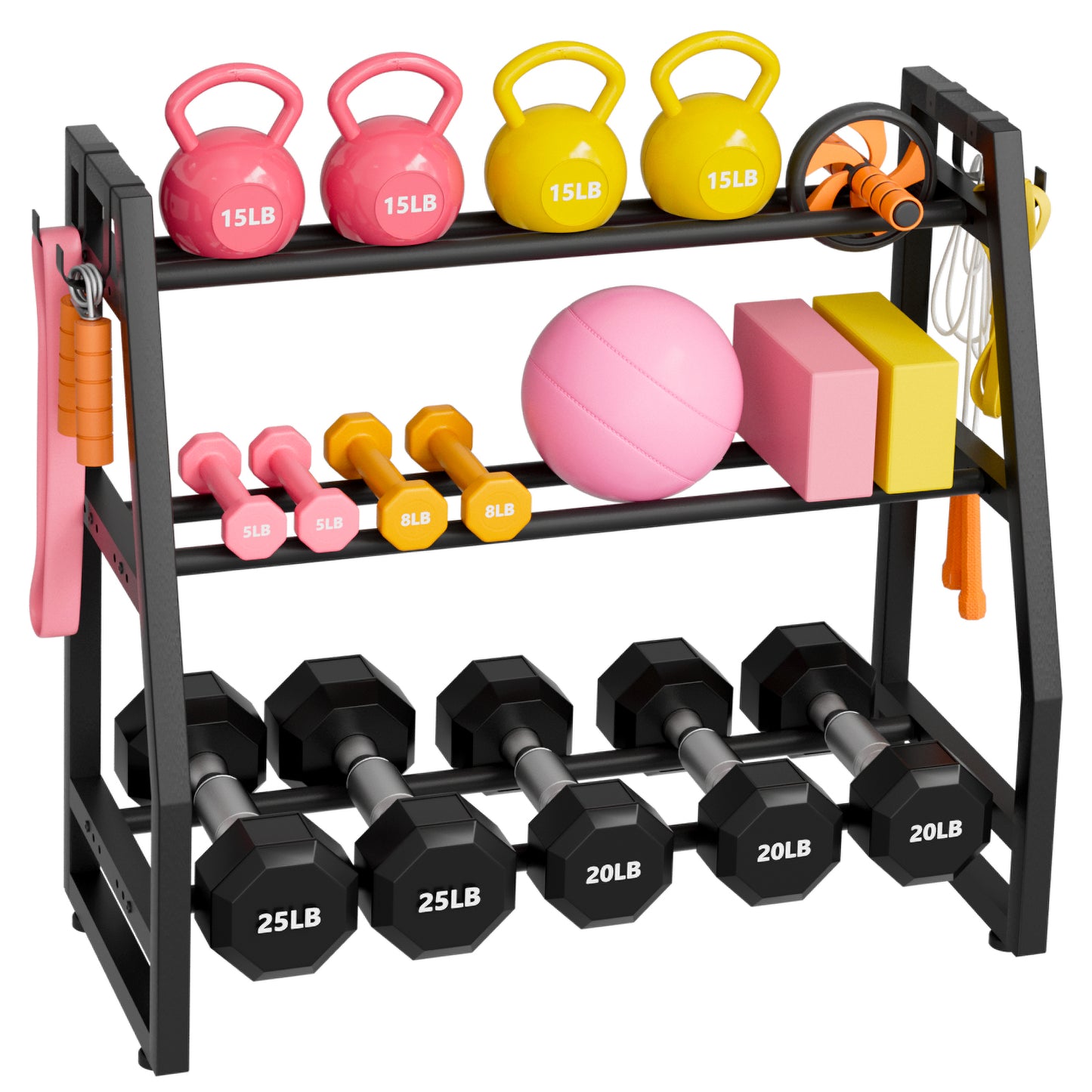 Heavy Duty 3-Tier Dumbbell Rack, 600 LBS Capacity Adjustable Weight Rack for Kettlebells & Dumbbells, One-Piece Solid Steel Home Gym Storage Stand, Space-Saving Corner Organizer with Hooks (32" H x 31.5" L)