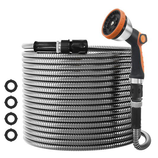 Stainless Steel Garden Hose 100ft, Heavy-Duty Water Hose with 10 Function Nozzle, Puncture Proof, No-Tangle, No-Kink, Garden Hose for Yards, Car Washing & Outdoor Cleaning