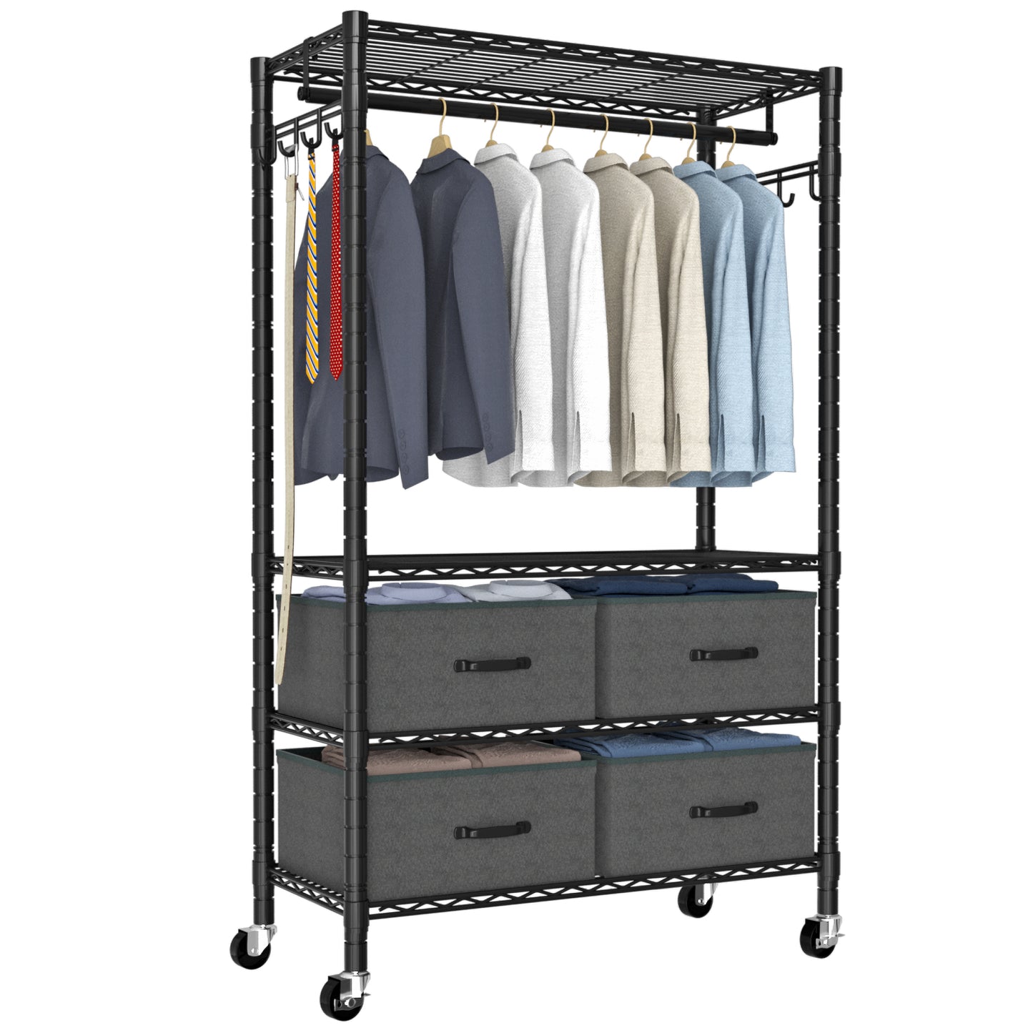 VyGrow Clothes Rack, Heavy Duty Clothing Rack for Hanging Clothes, 4-Tier Adjustable Closet Organizer with 4 Drawers | Hanging Rod | Side Hooks | Load 445lbs | 15.7" D x 35.4" W x 74.1" H
