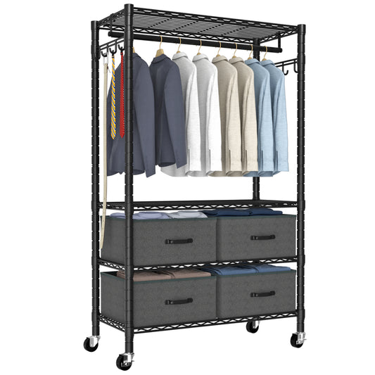 VyGrow Clothes Rack, Heavy Duty Clothing Rack for Hanging Clothes, 4-Tier Adjustable Closet Organizer with 4 Drawers | Hanging Rod | Side Hooks | Load 445lbs | 15.7" D x 35.4" W x 74.1" H