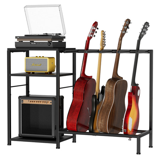 Guitar Stand for 4 Guitars, Adjustable Multiple Guitars Rack with Soft-Padded Protector for Acoustic, Electric, Bass & Ukulele, Guitar Display Stand with 3-tier Shelves for Amp & Vinyl Records, Black