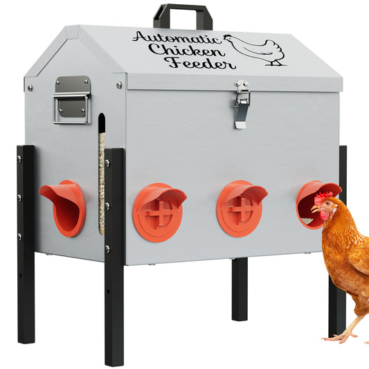 50LB Automatic Chicken Feeder, Metal Chicken Feeder with Window, No-Waste Poultry Feeder with 8 Feeding Ports, Adjustable Height, Locking Lid & Weatherproof Design for Outdoor Coop