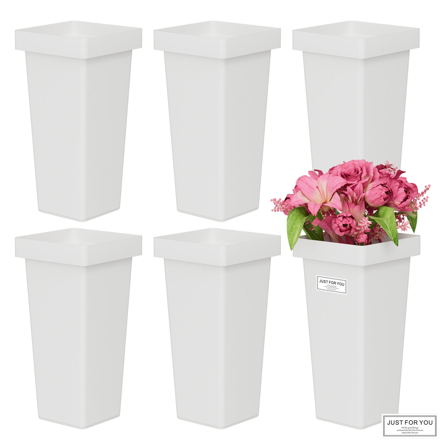 Flower Buckets, 6-Pack Plastic Flower Vases with Stickers for DIY Flower Bar, Floral Buckets for Cut Flower Farmhouse Vases for Decor Wedding Table Centerpiece, H: 13.39 inch