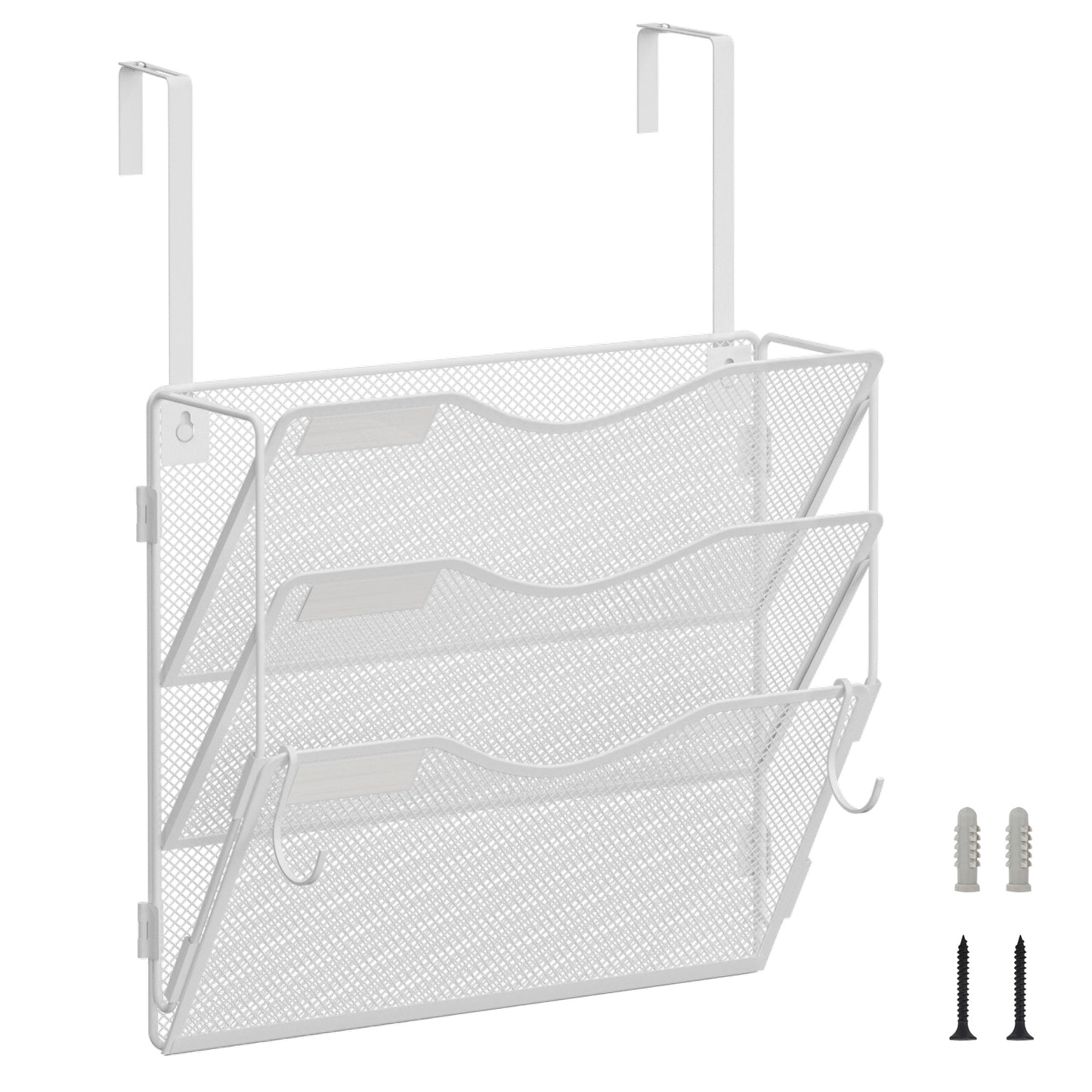 Wall File Organizer, Hanging File Folder Organizer, Vertical Mesh Metal Door/Wall Mount Hanging File Holder. Paper Document Magazine Rack with Hooks for Home Office Black (3 Pockets White)