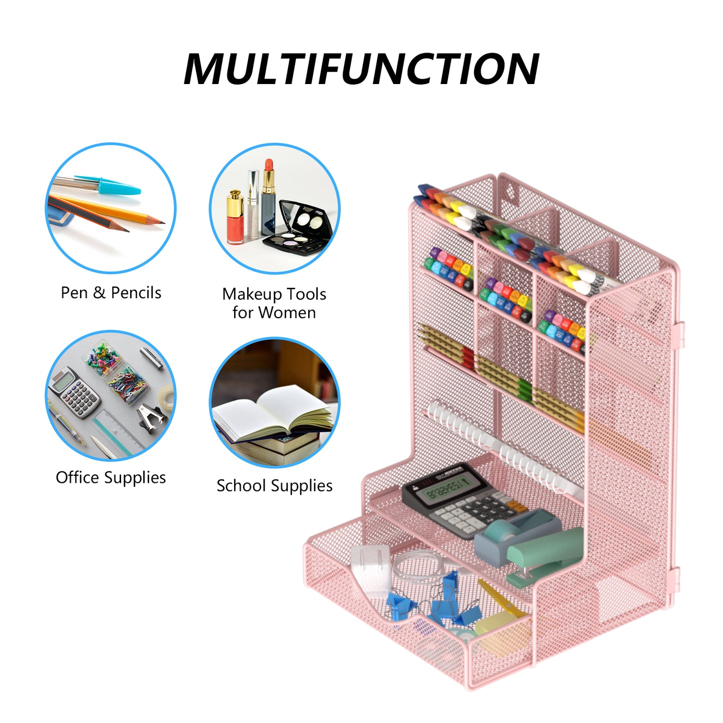 Pen Organizer for Desk, Multi-Functional Desk Organizer, Wall Mount Pen Holder with Drawer for School, Office, Home, Art Supplies, Pink