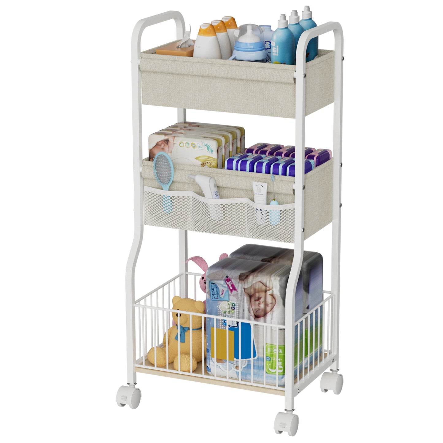 3-tier Baby Diaper Caddy Organizer and Storage Cart with 4+3 Dividers, Metal Utility Cart with Lockable Wheels for Nursery, Bedroom, Bathroom, White