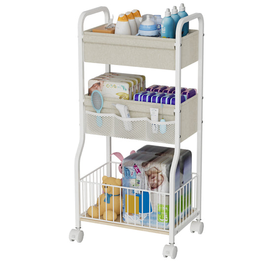 3-tier Baby Diaper Caddy Organizer and Storage Cart with 4+3 Dividers, Metal Utility Cart with Lockable Wheels for Nursery, Bedroom, Bathroom, White