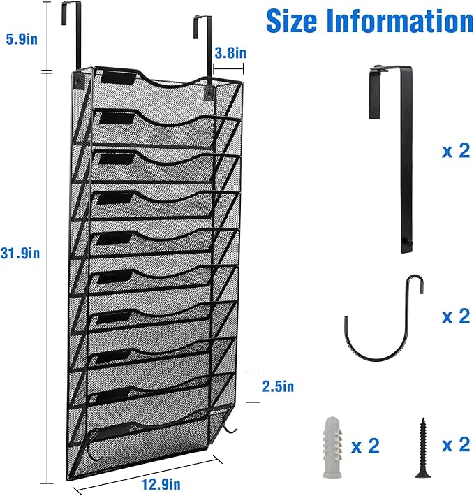 BOHDK Wall File Organizer, 10 Tire Hanging File Folder Mail Organizer, Vertical Mesh Metal Door/Wall Mount Hanging File Holder, Paper Document Magazine Rack with Hooks for Home Office Black