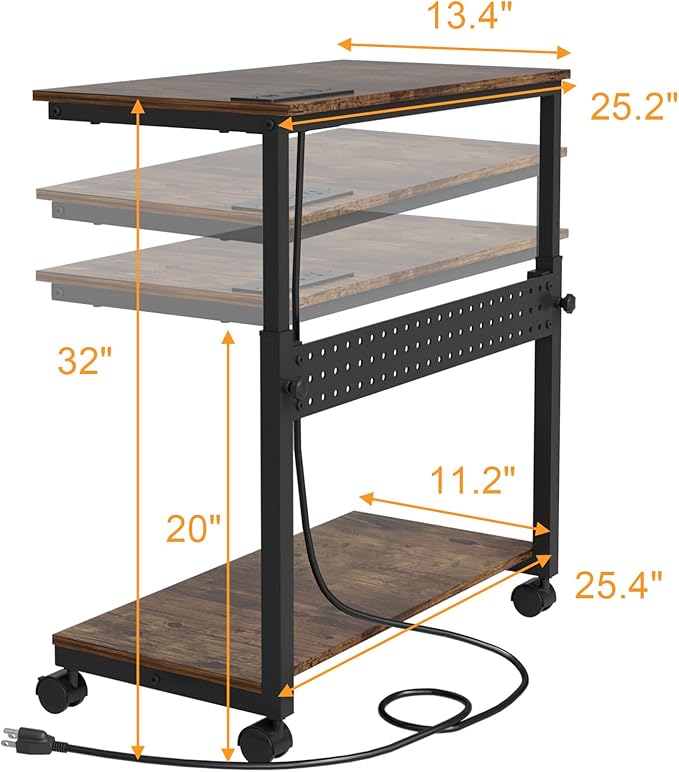 NEYCIL Computer Tower Stand with Charging Station, Height Adjustable 2-Tier CPU Stand with Power Strip and USB Ports, PC Tower Cart with Wheels and Printer Shelf, Rustic Brown and Black
