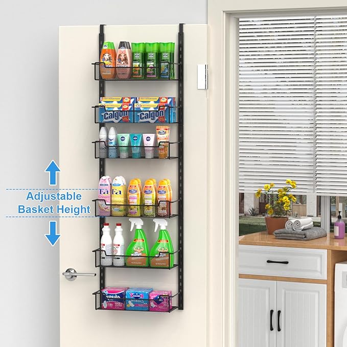 VyGrow 12.3" W Narrow Over the Door Pantry Organizer, 6-Tier Over the Door Organizer with Adjustable Basket, Pantry Door Organization for Pantry Kitchen Storage Room Spice Rack, Whitery Kitchen Storage Room Spice Rack, Black