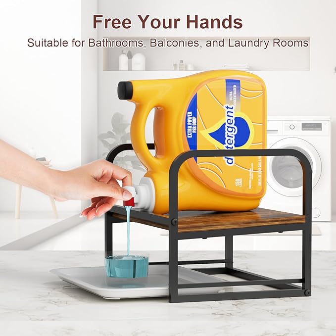 NEYCIL Laundry Detergent Holder, Wooden Laundry Detergent Holder Stand, Metal Laundry Liquid Detergent Organizer with Drip Tray for Laundry Room Organization and Storage, Black