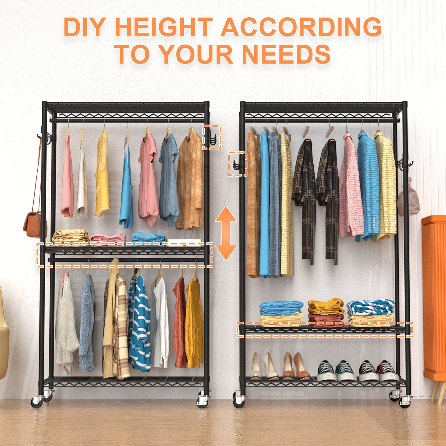 VyGrow Clothes Rack, Clothing Racks for Hanging Clothes, 3 Tiers Adjustable Garment Rack with Wheels | Double Rods | Side Hooks | Heavy Duty | Load 445lbs | 15.7" D x 35.43" W x 78.34" H | Black