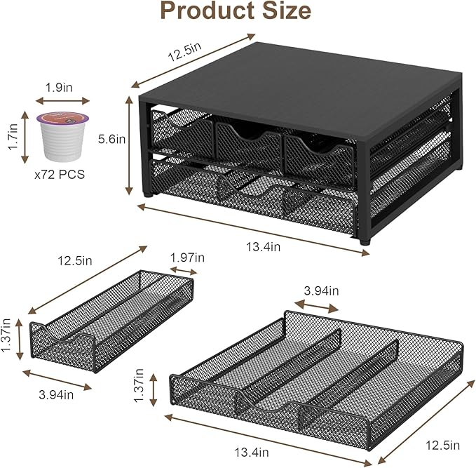 NEYCIL Coffee Pod Holder For Counter, 3 Pull-Out 72 K-Cup Holder Drawer, Wooden Cafe Pods Storage Organizer with Sliding Drawers for Coffee Station, Home, Kitchen, Office, Dorm, Black