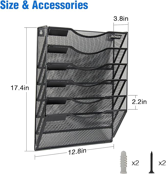 BOHDK Wall File Organizer, 6 Tier Hanging File Folder Mail Organizer, Vertical Mesh Metal Wall Mount Hanging File Holder, Paper Document Magazine Rack for Home Office Black