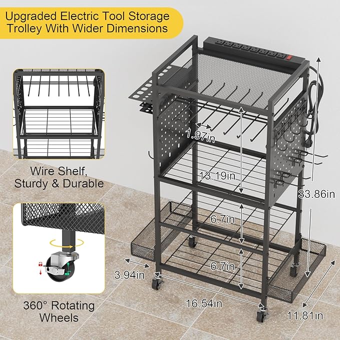 NEYCIL Power Tool Organizer Cart with Charging Station, Heavy Duty Garage Tool Organizer Rolling Tool Battery Storage with 8-Outlet Power Strip, 4 Wheels, 2 Hanging Baskets, 8 Hooks, Drill Bit Holder, Black