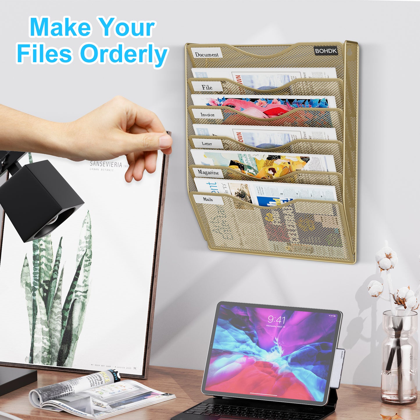 Wall File Organizer, Hanging File Folder Mail Organizer, Vertical Mesh Metal Door/Wall Mount Hanging File Holder, Paper Document Magazine Rack with Hooks for Home Office (6 Tier Gold)