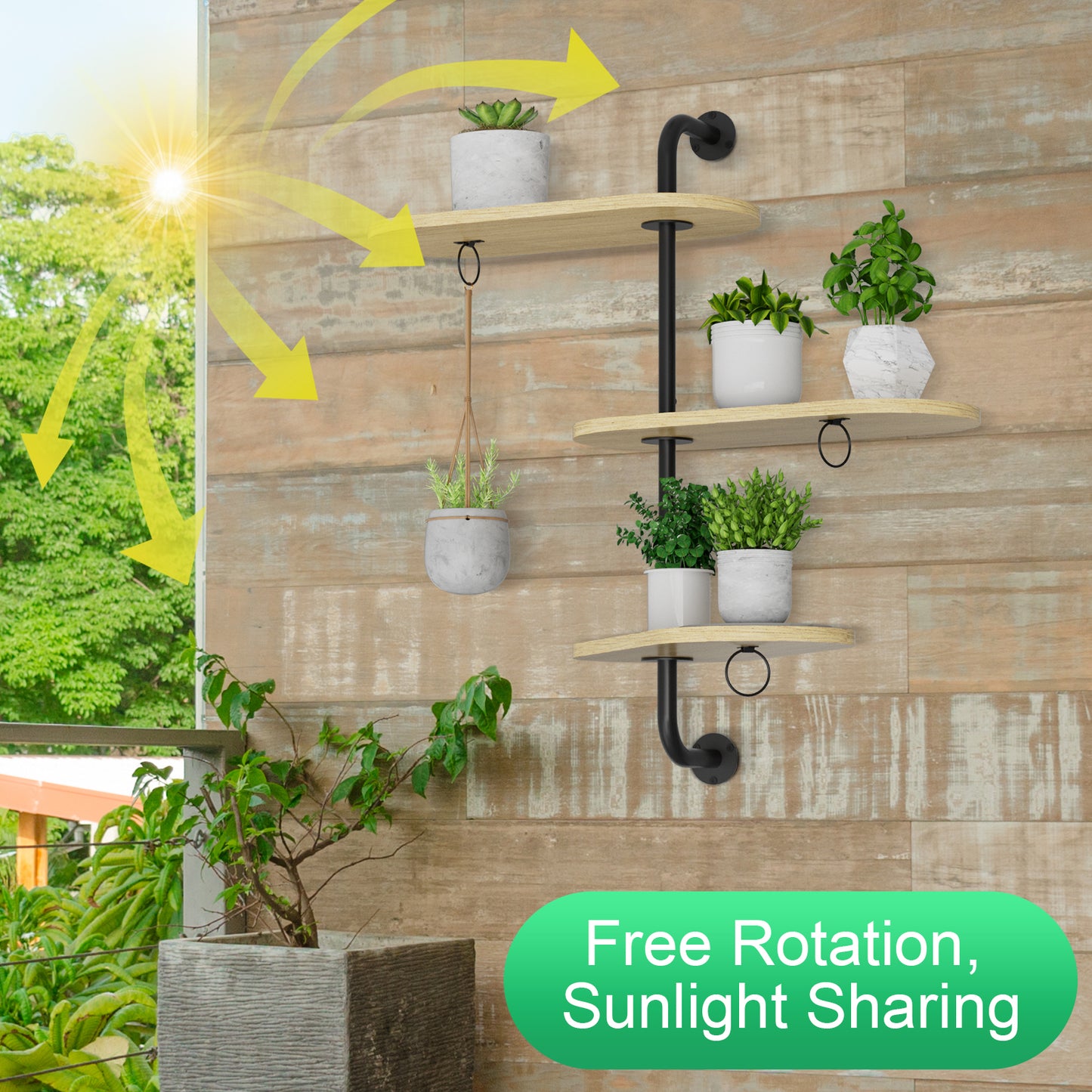 Rotating Window Plant Shelves with 3 Anti-slip Mats, 3 Tier Plant Stand Indoor Outdoor, Wooden Window Plant Shelf with 3 Circle Hook, Hanging Plant Holder for Window, Potted Plants, Flowerpots (Oak Color, 3 Tier)