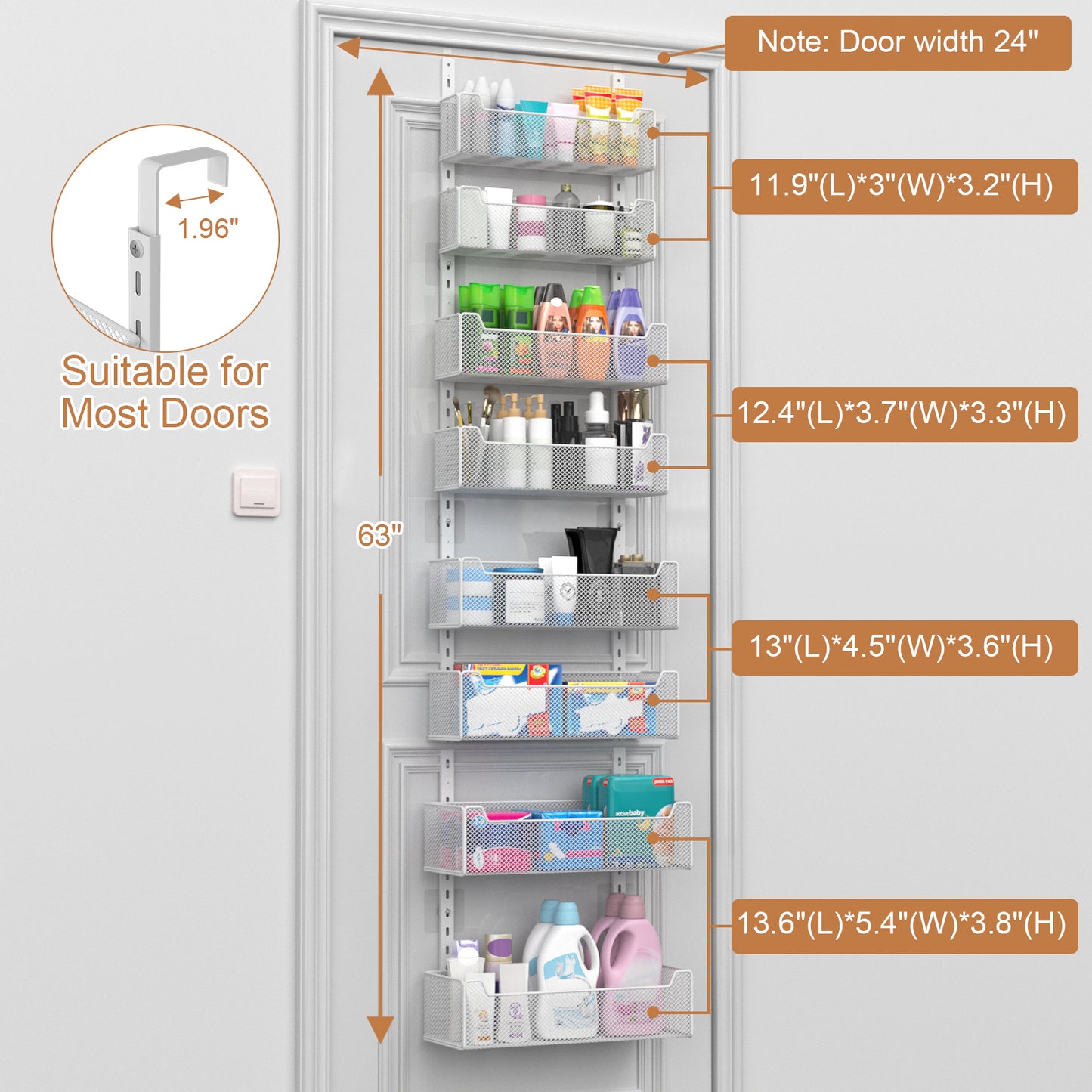 VyGrow Over The Door Organizer, 8-tier Metal Door Organizer Hanging with Adjustable Baskets, Behind The Door Storage for Bedroom Closet Bathroom Pantry Cabinet Kitchen, White