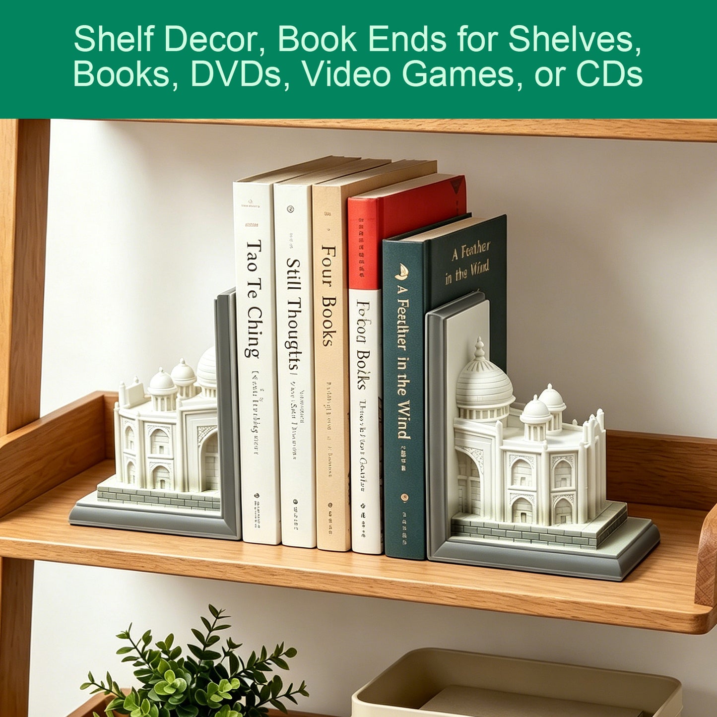Book Ends for Shelves, Heavy Duty Decorative Bookends, Non-Skid Castle Design Book Holder for Heavy Books/CDs, Modern Aesthetic Resin Shelf Decor, Book Stopper for Home Office, Set of 2, White